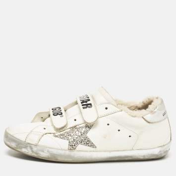 Pre Owned Golden Goose White/Silver Leather and Glitter Old School Sneakers Size 39