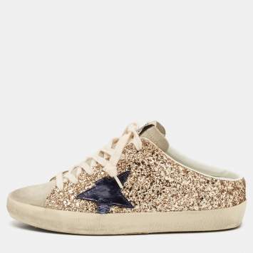 Pre Owned Golden Goose Gold Glitter and Suede Superstar Mules Size 37