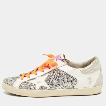 Golden Goose White/Grey Glitter and Leather Super Star Sneakers Size 39