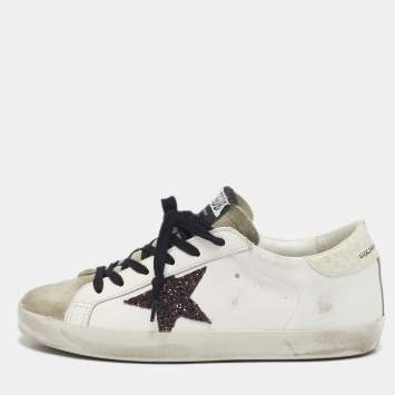 Pre Owned Golden Goose White/Grey Leather and Suede Superstar Lace Up Sneakers Size 39