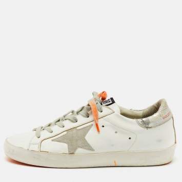 Golden Goose White/Orange Leather and Suede Superstar Low Top Sneakers Size 37