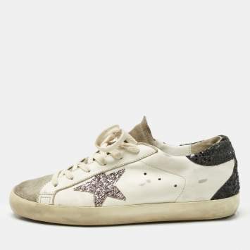 Pre Owned Golden Goose White/Black Glitter and Leather Super Star Lace Up Sneakers Size 39