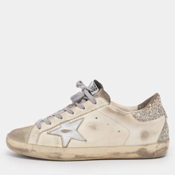 Pre Owned Golden Goose White/Silver Leather Superstar Low Top Sneakers Size 38