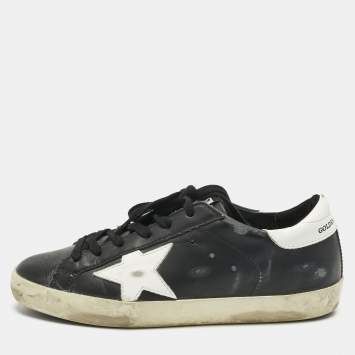Pre Owned Golden Goose Black Leather Superstar Lace Up Sneakers Size 37