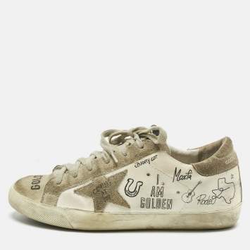 Pre Owned Golden Goose White Leather and Suede Superstar Lace Up Sneakers Size 37