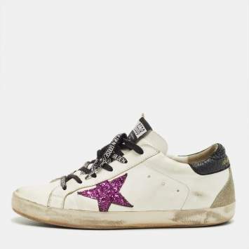 Pre Owned Golden Goose White/Grey Leather and Suede Super Star Lace Up Sneakers Size 39