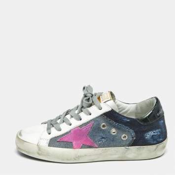 Pre Owned Golden Goose White/Blue Leather and Denim Super Star Sneakers Size 36