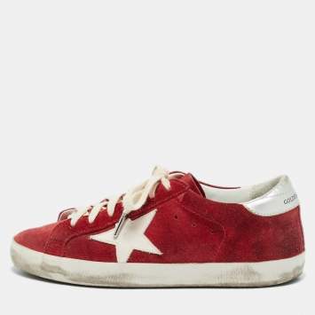 Pre Owned Golden Goose Super Star Size 37 Red Leather and Suede Lace Up Sneakers