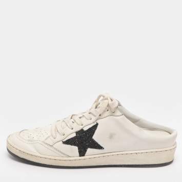 Pre Owned Golden Goose Ballstar Size 39 White/Black Leather and Glitter Mule Sneakers