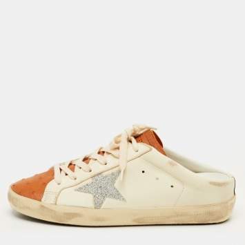 Pre Owned Golden Goose Superstar Size 40 White/Brown Ostrich and Leather Lace Up Mule Sneakers