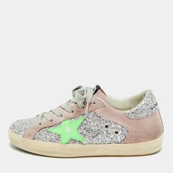 Pre Owned Golden Goose Superstar Size 36 Pink/Silver Glitter and Suede Lace Up Sneakers