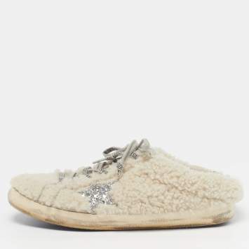 Pre Owned Golden Goose Superstar Sabot Size 40 Off White Shearling Fur Lace Up Mule Sneakers