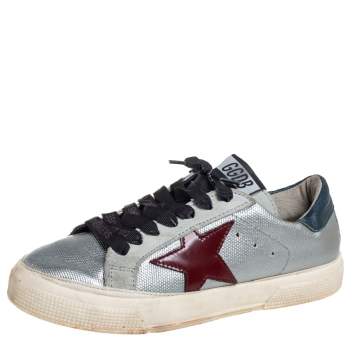 Pre Owned Golden Goose Silver Leather And Suede May Low Top Sneakers Size 36