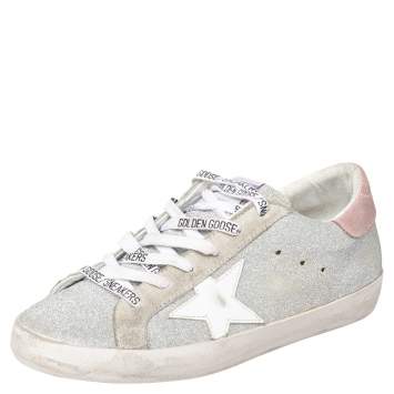 Pre Owned Golden Goose Silver/Grey Glitter Superstar Low Top  Sneakers Size 38