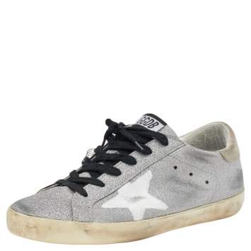 Pre Owned Golden Goose Silver/Grey Glitter And Suede Super Star Low Top Sneakers Size 39