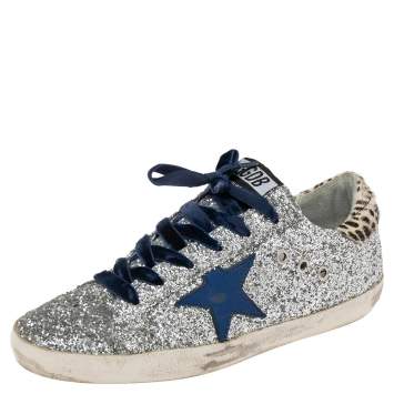 Pre Owned Golden Goose Silver/Beige Pony Hair And Glitter Superstar  Sneakers Size 39