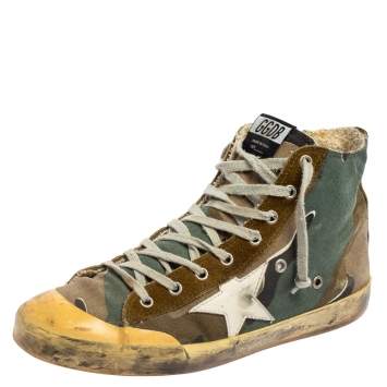 Pre Owned Golden Goose Green Camo Canvas and Suede Mid Star Sneakers Size 42