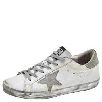 Pre Owned Golden Goose White/Grey Leather and Suede Superstar Sneakers Size 38