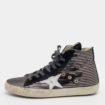 Pre Owned Golden Goose Black/Metallic Stripe Suede Francy High Top Sneakers Size 38