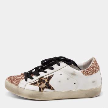 Pre Owned Golden Goose White/Rose Gold Leather and Glitter Super Star Low-Top Sneakers Size 36