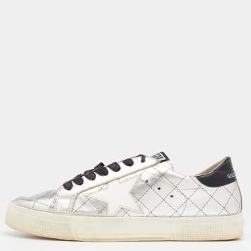 Pre Owned Golden Goose Silver Quilted Leather Lace Up Sneakers Size 38
