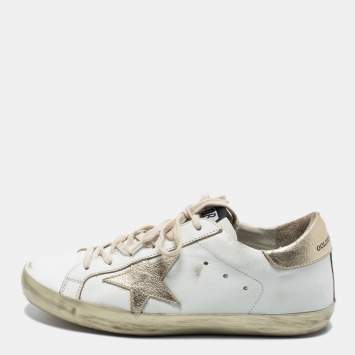 Pre Owned Golden Goose White/Gold Leather Superstar Low Top Sneakers Size 38