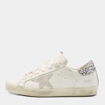 Pre Owned Golden Goose White Leather and Glitter Detail Super Star Low Top Sneakers  Size 39