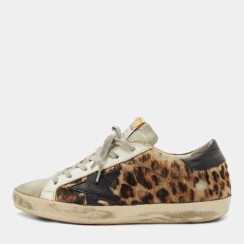 Pre Owned Golden Goose Black/Beige Calf Hair and Leather Superstar Sneakers Size 36