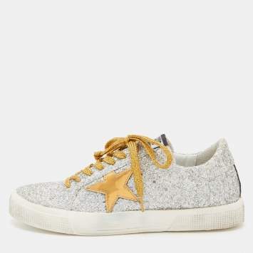 Pre Owned Golden Goose Silver/Gold Glitter and Suede Hi Star Low-Top Sneakers Size 39