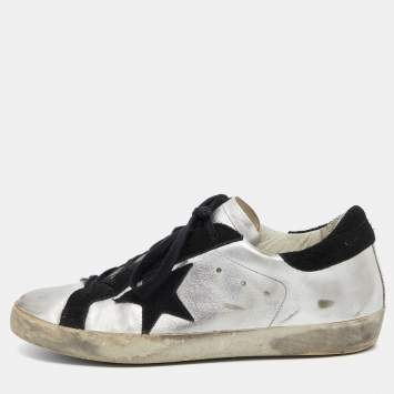 Pre Owned Golden Goose Metallic/Black Leather and Suede Superstar Sneakers Size 40