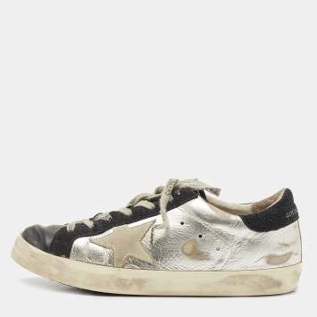 Pre Owned Golden Goose Silver/Black Leather Superstar Sneakers Size 39