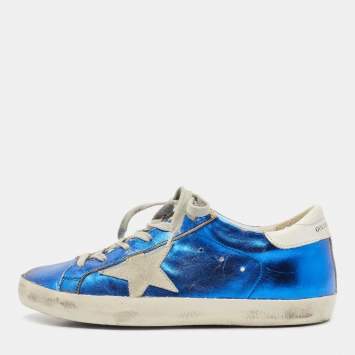 Pre Owned Golden Goose Metallic Blue Leather Superstar Sneakers Size 38