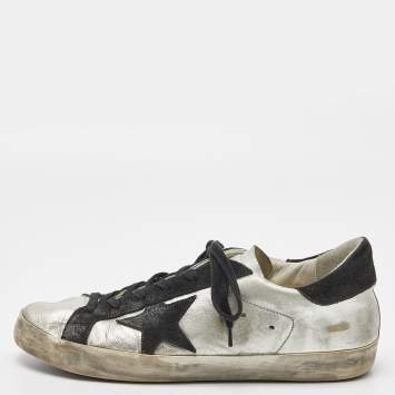 Pre Owned Golden Goose Silver/Black Leather Super Star Low Top Sneakers Size 39
