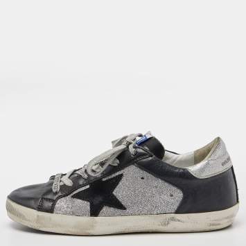 Pre Owned Golden Goose Black/Silver Leather and Glitter Superstar Sneakers Size 38