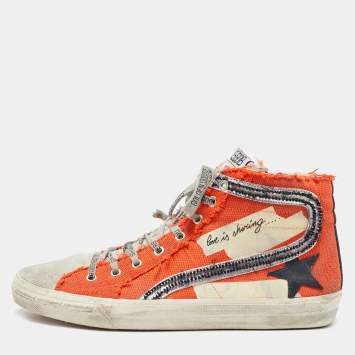 Pre Owned Golden Goose Orange Canvas And Suede Lace Up Classic Sneakers Size 44