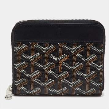 Pre Owned Goyard Black/Brown Goyardine Coated Canvas  and Leather Matignon Zip Around PM Wallet