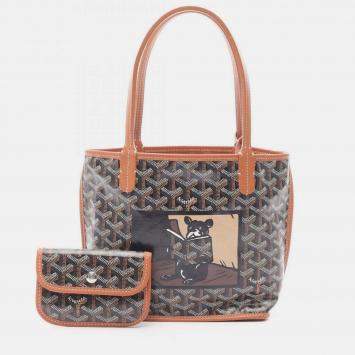 Pre Owned Goyard Ange Mini Hulo Tote Bag Pvc-Coated Canvas And Leather Black Brown White