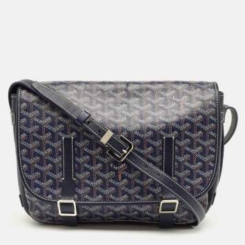 Pre Owned Goyard Navy Blue Goyardine Coated Canvas Belvedere MM Saddle Bag