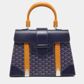 Pre Owned Goyard Saigon MM Navy Blue Goyardine Coated Canvas and Leather Top Handle Bag