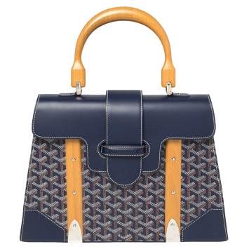 Pre Owned Goyard Navy Blue Goyardine Coated Canvas and Leather Saigon MM Top Handle Bag