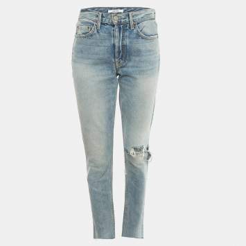 Pre Owned Grlfrnd Navy Blue Ripped Denim Karolina Jeans S Waist 28"