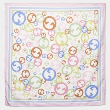 Pre Owned Gucci White/Pink GG Bubble Print Silk Scarf