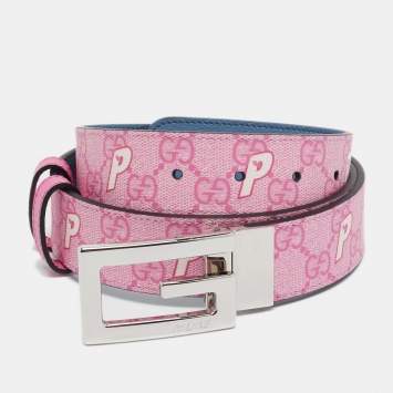 Pre Owned Gucci x Palace Pink/Blue GG-P Supreme Canvas G Square Buckle Reversible Belt 90 CM