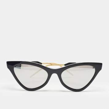 Pre Owned Gucci Black Mirrored GG0597S Interlocking G Crystals Cat Eye Sunglasses