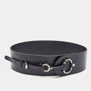 Pre Owned Gucci Black Leather Horsebit Waist Wide Belt 85CM