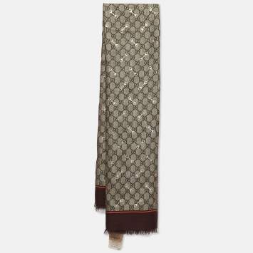 Pre Owned Gucci Brown/Gold Horsebit and GG Print Square Scarf