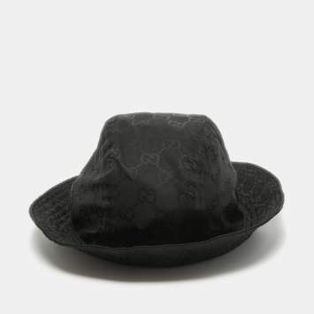 Pre Owned Gucci Black GG Web Nylon Bucket Hat With Pouch 