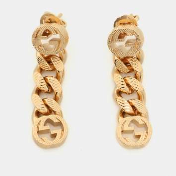 Pre Owned Gucci Gold Tone Interlocking G Chain Drop Earrings