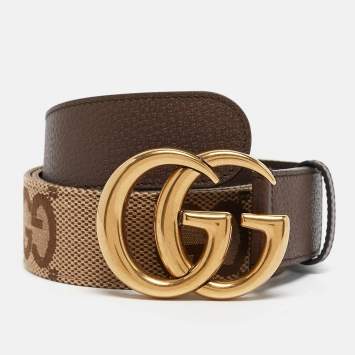 Pre Owned Gucci Brown/Beige Jumbo GG Canvas and Leather GG Marmont Buckle Belt 95CM
