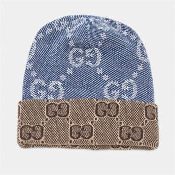Gucci Blue/Brown GG Jacquard Wool Knit Beanie Hat S